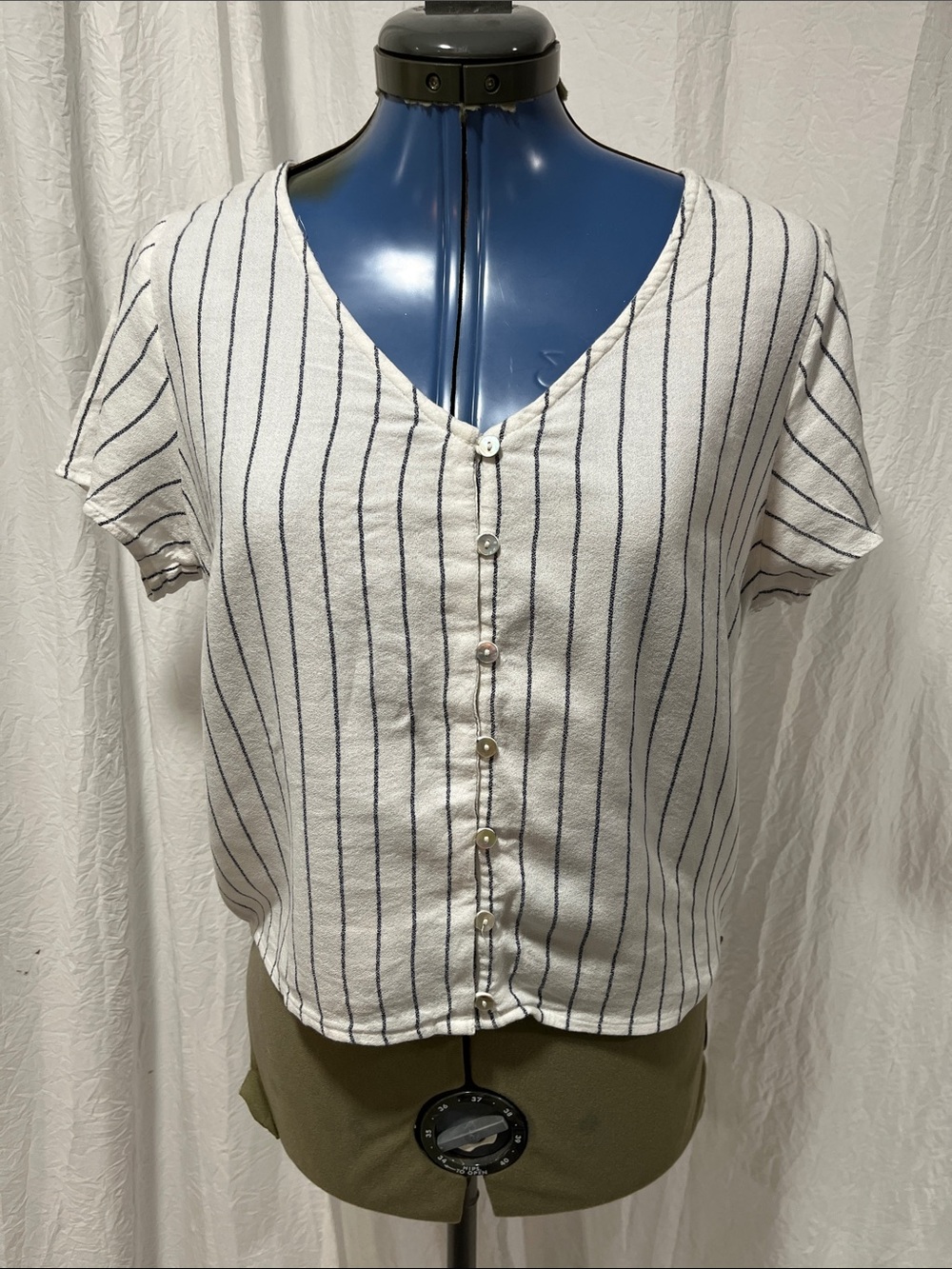 Roxy White Button-Front V-Neck Top with Navy Pinstripes